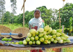 Farmer and budding entrepreneur Sashimoni Lohar proudly shows her new maize stall next to her farm.